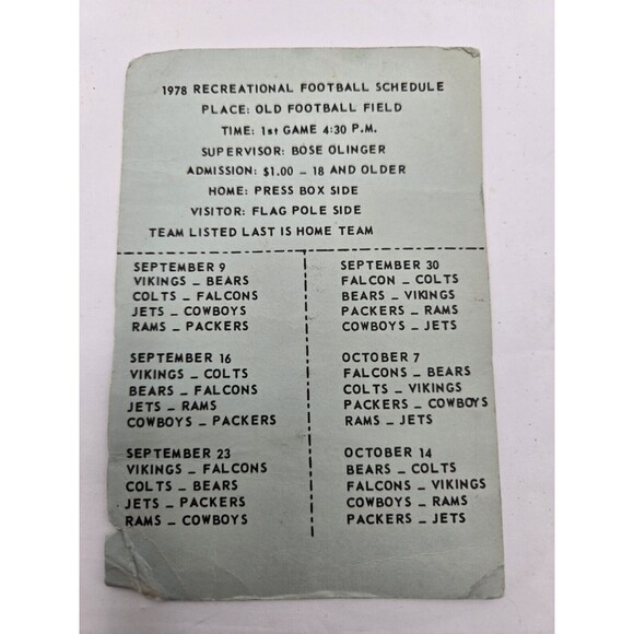 1978 Recreational Football Schedule Bose Olinger at Old Football Field Vintage - Picture 1 of 4